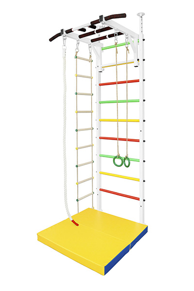 Детская шведская стенка Z1 враспор, усиленная, турник-рукоход, канат, кольца, лестница веревочная – фото