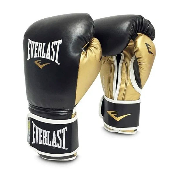 Боксерские перчатки Everlast Powerlock PU, тренировочные, чёрно-золотой – фото