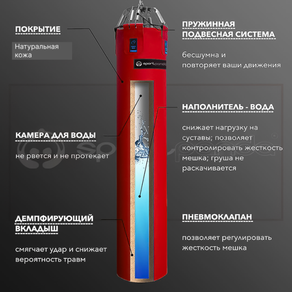 Водоналивной боксерский мешок «AQUA BAG», натуральная кожа, 180 см, диаметр 40 см, красный – фото