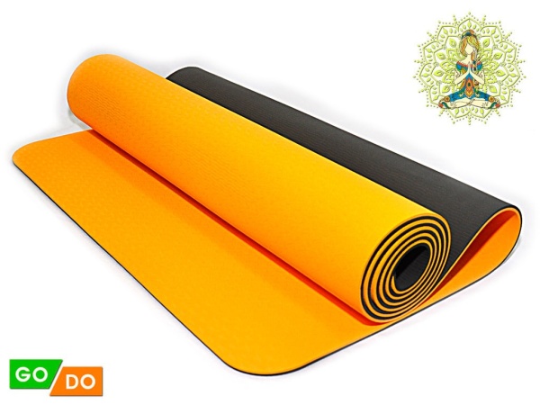 Коврик для фитнеса и йоги GO DO, 6 мм, TPE, чёрно-оранжевый – фото
