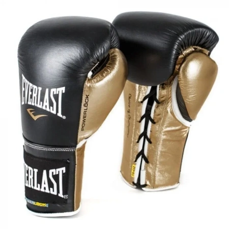 Боксерские перчатки Everlast Powerlock, боевые, чёрный / золотой – фото